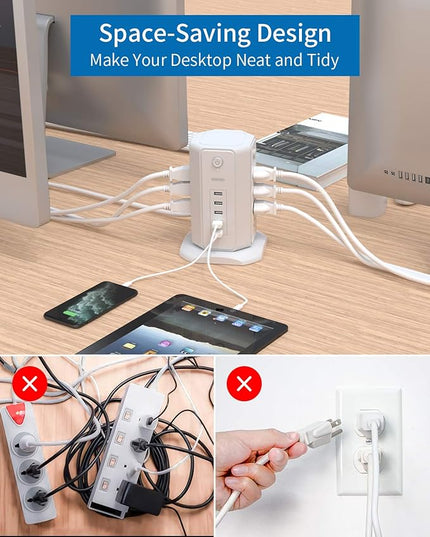 Power Strip Tower Surge Protector, NTONPOWER 8 Outlet 5 USB Desktop Charging Station 1625W 13A, 6ft Extension Cord Flat Plug, Individual Switches, 1080 Joules, Overload Protection for Home Office