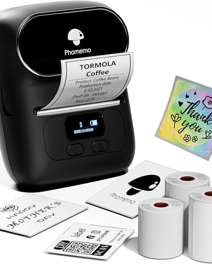 Phomemo Label Maker - M110 Address Label Printer Bluetooth Thermal Printer for Business, Office, School, Home-use, Barcode, Logo, Clothing Labels, with 3 Label Roll, Black