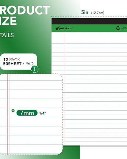 KAISA White Legal Pads Writing Pads Recycled Paper 5"x8" Narrow Ruled Lined Paper Small Legal pad Perforated 50 sheets Hard Back Notepads Writing Tablet For Office Supplies Study (White 12pads)