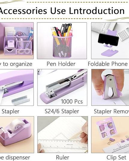 Office Supplies,Desk Accessories,Stapler and Tape Dispenser Set,1000 Staples,Staple Remover,Pen Holder,Folding Phone Holder,Journal Notebook,Ballpoint Pen,Scissor,Ruler,Clear Tape,Sticky Notes,Ect