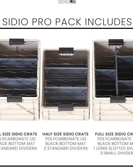 SIDIO Crate Pro Pack - 2 Full-Size & 1 Half-Size Heavy Duty Stackable Storage Bins, Totes and Containers with Lids and Dividers - Durable Organizer for Home, Office, Garage, and Outdoor Use