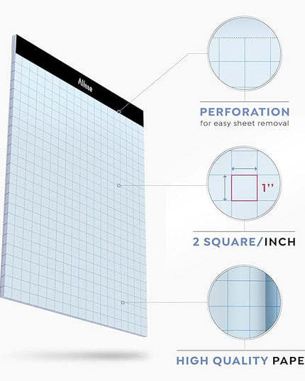 Alitte Graph Paper Pad, Pack of 12, White Letter Size - 2x2 Quad Grid Paper, Easy-Tear Perforations, 8.5 x 11 Cardboard Backing - Graph Notepads for School, Office -50 Sheets per Pad