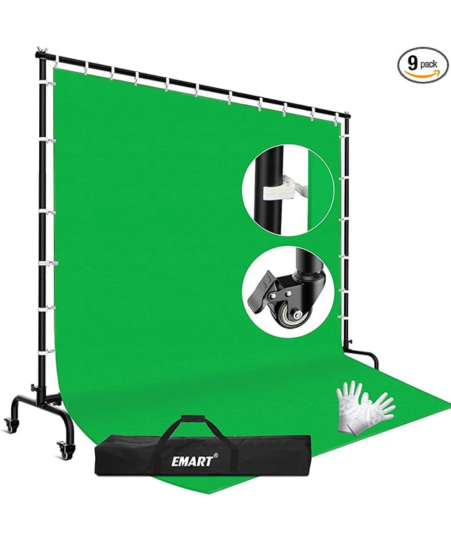 EMART 7x10ft Green Screen Backdrop Kit with Movable Stand, Large 9.5x9.5ft Photography Greenscreen Background Adjustable Frame with Wheels for Photo Shoot, Live Streaming, Video Recording