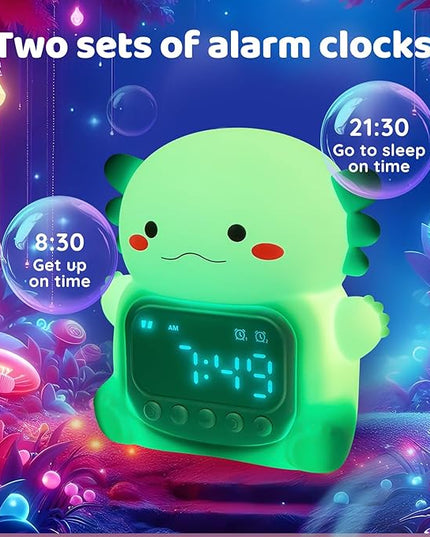 Axolotl Alarm Clock with Night Light for Kids, Rechargeable Silicone Lamp Time to Wake Clock Cute Animal Tabletop Lamp, Perfect Sleep Companion for Boys Girls, Green
