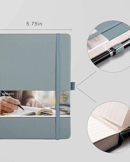 EMSHOI Notebook College Ruled - 256 Numbered Pages, 120 Gsm Thick Paper, A5 Hardcover Leather Lined Journal for Men & Women Work School Journaling Writing Diary 5.7" X 8.3"(GrayBlue)