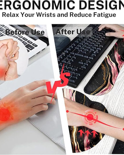 Britimes Black Pink Gold Marble Ergonomic Mouse Pad Set with Wrist Rest Non-Slip Rubber Base Wrist Cushion Support and Coasters Mousepad with Wrist Support for Computer Keyboard and Desk