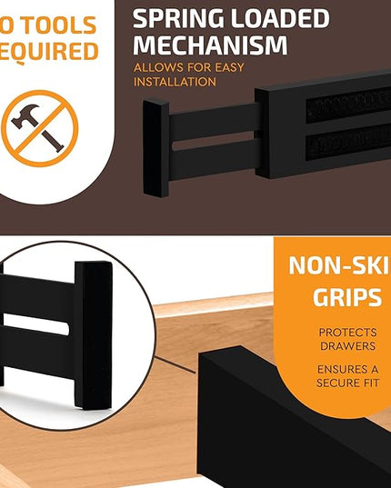 6 Pack Bamboo Drawer Dividers - 17" to 21.5" Expandable Adjustable Drawer Organizer for Kitchen Utensils, Large Drawer Divider, Clothes, Dresser, Bedroom, Bathroom, Desk Drawer Separator Set (Black)