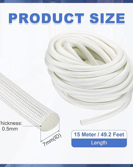 uxcell Insulation Cable Protector,7mm/0.28 Inch-15m/49 Feet High Temp Fiberglass Sleeve White
