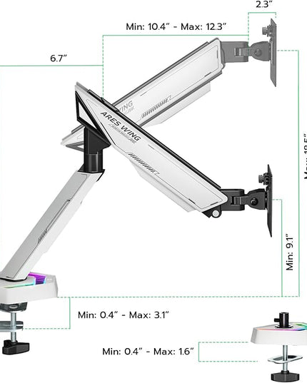 ARES WING RGB Single Monitor Arm Desk Mount for 17-45 inches Flat and Curved Monitors, Holds 35.2 lbs Heavy Duty, Adjustable Ultrawide Monitor Arm with Clamp & Grommet Base, 75/100 VESA Mount, White