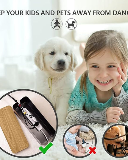 Cable Management Box Large - Wooden Grain Cable Organizer Box to Hide Wires&Power Strips,TV&Desk Computer Wires,with Cable Clips&Reusable Cable Ties for Home&Office(Black)