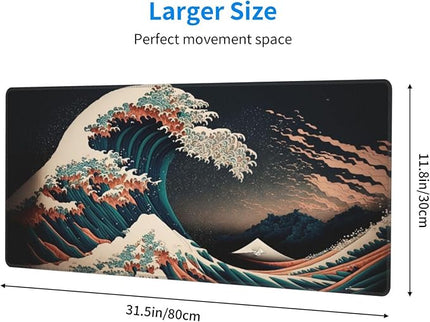 Japanese Waves in The Dark Gaming Mouse Pad XL, Large Non Slip Rubber Mousepad, Stitched Edges Mouse Pads, Long Extended Mouse Pad,31.5'' X 11.8''