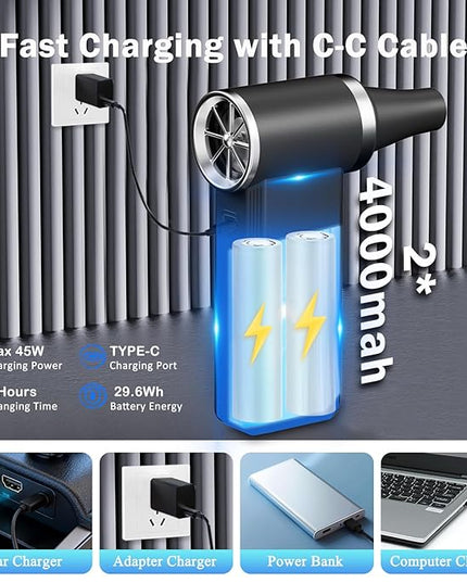 Cordless Electric Air Duster - 180K RPM Brushless Motor, 45W SuperFast Charge, 29.6Wh Rechargeable Battery, 4-Speed Adjustable Dust Blower for PC Cleaning, Electronics, Car & Woodworking, Black