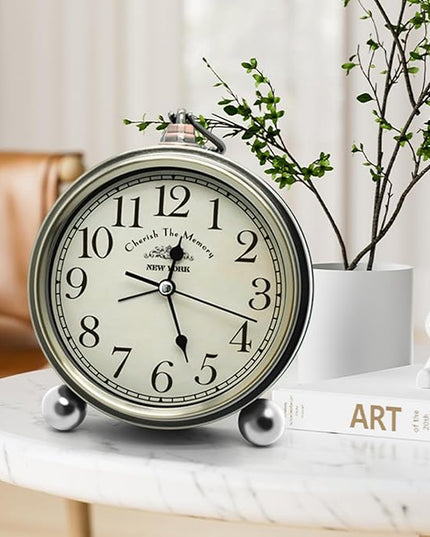 Oxmidud 5'' Retro Vintage Metal Desk Alarm Clock - Non-Ticking Silent Analog Table Clocks - Battery Operated Quartz Clock for Bedside Desk Table Bedrooms Living Room Home Office Decor
