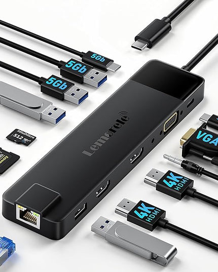 Lemorele 13 in 1 USB C Docking Station for Triple Monitors, Dual 4K HDMI, 1000M RJ45, VGA, 4 USB 3.0/2.0, SD/TF, 3.5MM Audio, USB C 3.0, 100W PD, Compatible with Type C Laptops