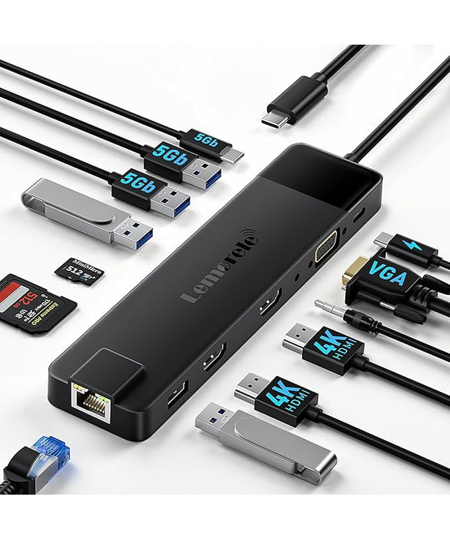 Lemorele 13 in 1 USB C Docking Station for Triple Monitors, Dual 4K HDMI, 1000M RJ45, VGA, 4 USB 3.0/2.0, SD/TF, 3.5MM Audio, USB C 3.0, 100W PD, Compatible with Type C Laptops