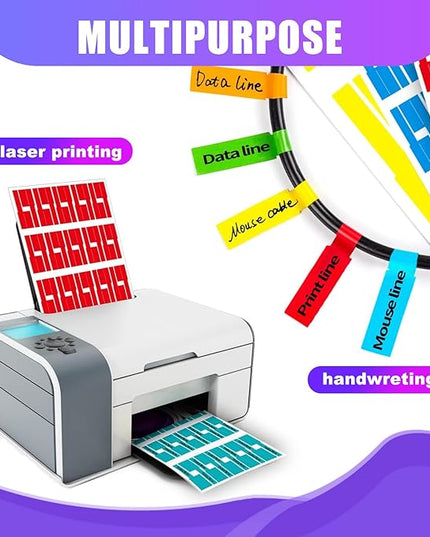 600 PCS Cable Labels - 12 Color Wire Tags for Laser Printing & Handwriting, Waterproof Tear-Resistant Cord Organizers, Strong Adhesive for IT, Office & Industrial Use