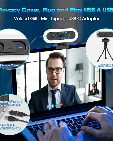 ToLuLu Streaming Webcam 2K 50FPS Web Cam, LED RGB Webcam with Microphone and Light, Autofocus Computer Camera with Cover and Tripod, Plug-Play USB Web cam for PC Desktop/MacBook Gaming Video Calling
