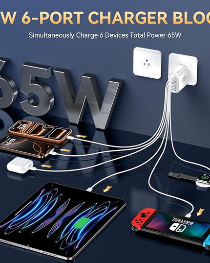 USB C Charger Block Fast Charging, iPhone Charger Blocks 65W Multi Port Charger 6-Ports PD & QC Charging Cube Brick Power Adapter Type C Wall Chargers for iPhone 17/16/15/14/13/12 Pro Max, iPad