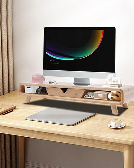 2-Tier Bamboo Monitor Stand Riser with Drawer, 24''L x 8''W x 4.5''H, Computer Monitor Riser Shelf for Desk for Laptop, Printer & Speaker, No Assembly Required, 110lbs Load Capacity