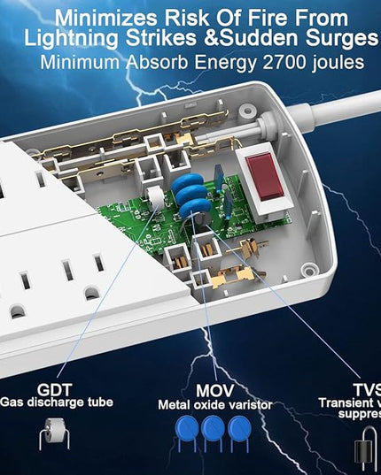 6FT Surge Protector Power Strip, Nuetsa Extension Cord with 8 Outlets and 4 USB Ports, 6 Feet Power Cord (1625W/13A), 2700 Joules, ETL Listed, White
