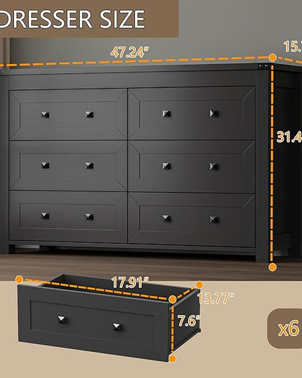 BORNOON 6-Drawer Dresser, Modern Wooden Storage Chest of Drawers, Dresser TV Stand, Wood Drawer Organizer with Metal Handles for Bedroom, Living Room, Hallway