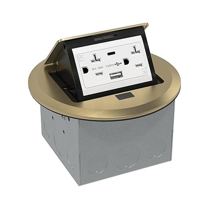 TG Round Pop-Up Floor Box Kit with USB Type A/C, 20A Tamper-Resistant Receptacle Outlet, Outlet Cover Box, USB Port Type A Type C, 36AC, Watertight Gasket and Corrosive Resistant Hardware, Brass