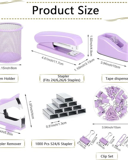 Office Supplies Set,Desk Accessories,Stapler And Tape Dispenser Set,Pen Holder,1000 Staples,Staple Remover,Hinder Clips,Ruler,Scissor,Index Tabs,Clear Tape,Ballpoint Pen,Sticky Notes,Coworkers(Purple)