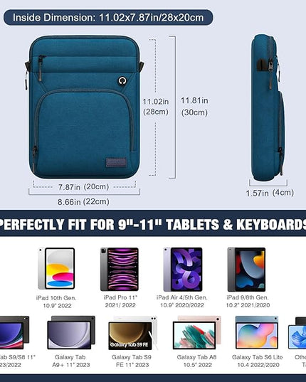 MoKo 9-11 Inch 360° Protective Tablet Sleeve Bag, Fits 11 inch iPad Air M3, iPad A16 2025, Pro 11 M5, iPad 10/9/8/7th, Tab S8/S9 11, Multifunctional Bag with Shoulder and Headphone Port,Peacock Blue