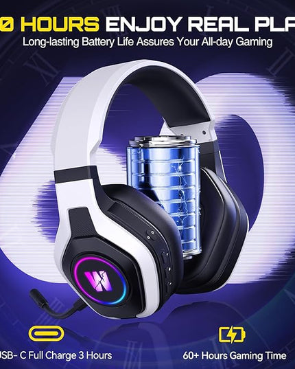 Wireless Gaming Headset for PS5, PC, PS4, 2.4G/Bluetooth Gaming Headphones with Noise Canceling Microphone, USB and Type-C Connector, 7.1 Surround Sound, RGB Lighting, 60H Battery