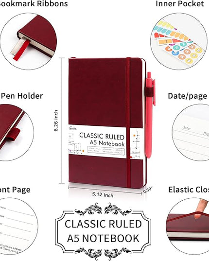 feela 3 Pack Notebooks Journals Bulk with 3 Black Pens, A5 Hardcover Notebook Classic Ruled Lined Journal Set with Pen Holder for Work Business Journaling Note Taking, 120 GSM, 5.1”x8.3”, Wine