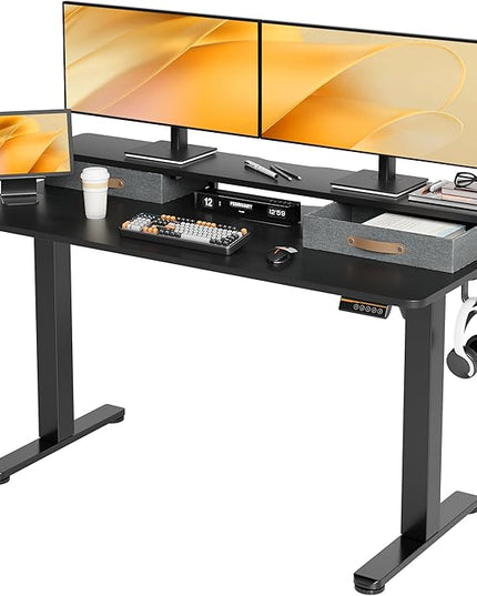 Seang Electric Standing Desk with 2 Drawers, Adjustable Standing Desk with Storage Shelf, Height Adjustable Stand up Desk for Home Office with 3 Presets & 2 Hooks,55 Inch, Black