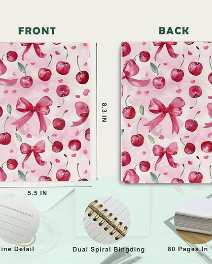 JKMBN Trendy Coquette Pink Bow Cherry Journaling Notebooks, Preppy Spiral Notebook, Cute Notebook Journal for Girls, Pink Office Supplies, Hardcover Spiral Lined Notebook 5.5 x 8.3