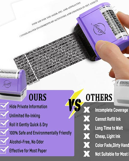 Miseyo Wide Identity Theft Protection Roller Stamp Set - Purple (3 Refill Ink Included)