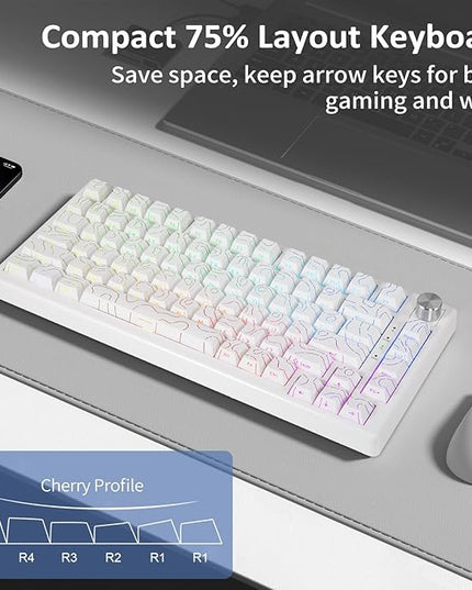HUO JI 75% Wireless Mechanical Gaming Keyboard, Bluetooth/2.4G/USB Wired, Creamy Sound, RGB Backlit, Hot Swappable Pre-lubed Linear Switches, Volume Knob, Custom Gasket Structure for Win/Mac, White