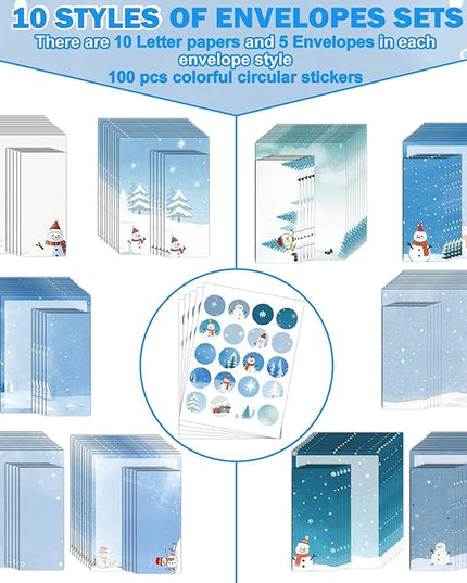 EggSun 250Pcs Christmas Winter Stationery Paper and Envelope Set with 100 Letterhead Papers and 50 Envelopes,10 Design for Letter Writing Invitations Computer Holidays Party Notes, 8.5x11 Inch-Snowman
