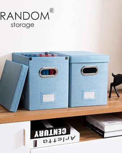 PRANDOM File Organizer Box - Set of 1 Collapsible Decorative Linen Filing Storage Hanging File Folders with Lids Office Cabinet Letter Size Blue (14x9.3x10.8 inch)