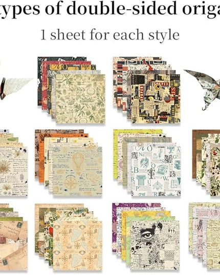Square Origami Paper 6x6 Double Sided 50 Sheets 50 Colors 70GSM Origami Kit Japanese Chiyo Easy Fold Arts Crafts DIY Handwork Beginner Retro Newspapers