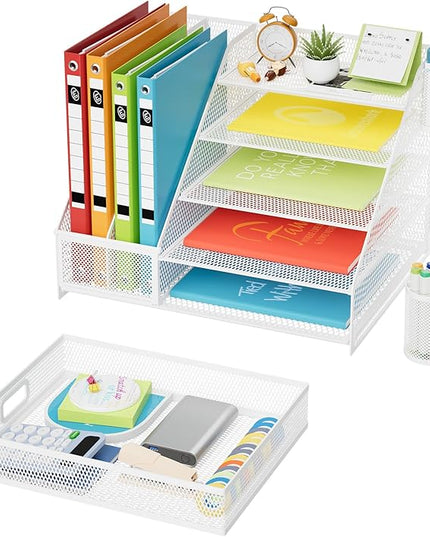 Marbrasse Desk Organizer with File Holder, 5-Tier Paper Letter Tray Organizer with Drawer and 2 Pen Holder,Mesh Desk Organizers and Accessories,Desktop Organizer and Storage for Office Supplies(White)