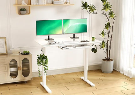 INNOVAR Glass Standing Desk with Drawers, 40×24 Inch Adjustable Stand Up Desk Quick Install Home Office Computer Desk, Super White