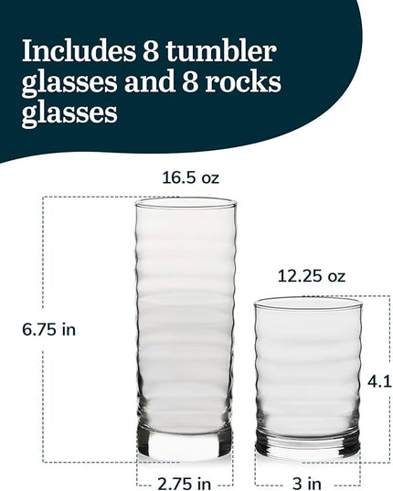 Libbey Pueblo Tumbler and Rocks Glass Set, Wavy and Groovy Drinking Glasses Set, Dishwasher Safe Glasses Drinking Set of 16 for Everyday Family Meals