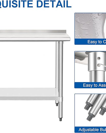 HARDURA Stainless Steel Commercial Work Table Prep Work Metal Table 14×36 Inches with Undershelf and 2" Backsplash Heavy Duty NSF 430 for Kitchen Food Prep