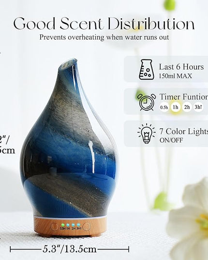 Porseme 150ml Essential Oil Diffuser Glass Color Changing Aroma Air Diffusers Aromatherapy Ultrasonic Cool Mist Humidifier 6 Running Hours Waterless Auto-Off for Sleeping Yoga Office Spa (Galaxy)