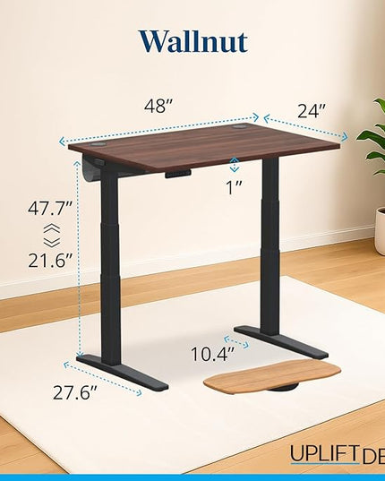 UPLIFTDESK V3 2-Leg Walnut Laminate Wood Standing Desk – Adjustable Height, Advanced 1-Touch Memory Keypad, Under Desk Cable Management, Wire Grommets & Rocker Board (Black C-Frame, 48 x 30 inch)