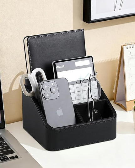 MEIBOOCH Remote Control Holder, PU Leather Small Desk Organizer with 4 Compartments, Nightstand Organizer Desk Caddy for Remote, Notepad, Phone, Glasses, and Accessories (Black)