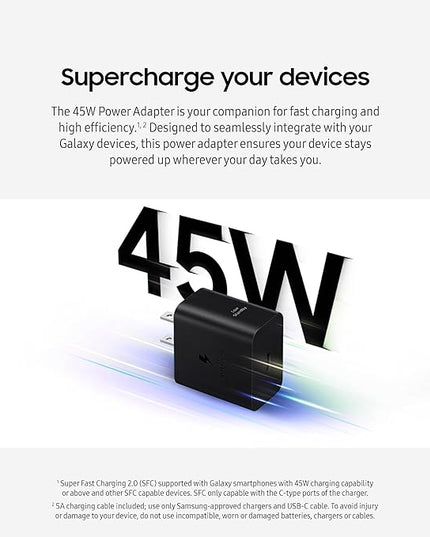 Samsung 45W Wall Charger Power Adapter, Cable Not Included, Super Fast Charging for Galaxy Phones, Tablets and USB Type C Devices, Low Standby Power Consumption, EP-T4511NWEGUS, White
