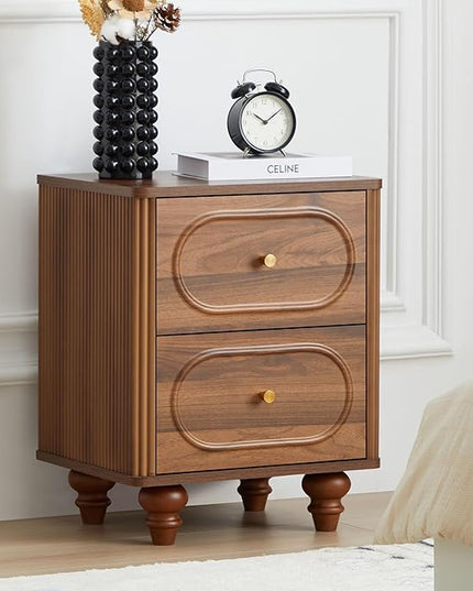 ORRD 2 Drawer Fluted Mini Small Dresser for Bedroom Set of 2, Mid Century Modern Nightstand Bedside End Table, Wood Storage Dresser Organizer for Bedroom Living Room, Walnut