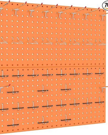 TORACK Metal Pegboard Wall Organizer 24" x 24" or 12" x 48", 70 PCS Tools Storage Pegboard for Garage, Modular Pegboard, Tool Organizer Board with Peg Board Hooks(Orange)