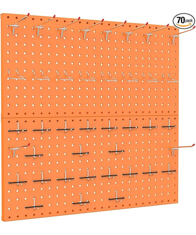 TORACK Metal Pegboard Wall Organizer 24" x 24" or 12" x 48", 70 PCS Tools Storage Pegboard for Garage, Modular Pegboard, Tool Organizer Board with Peg Board Hooks(Orange)