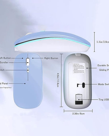 Wireless Bluetooth Mouse Rechargeable Laptop Mice with LED Lights Silent Slim Use(BT5.2 and 2.4G Portable USB) Dual Mode Computer Mouse for Laptop/iPad/Tablet/Apple/Computer/Mac (Blue)