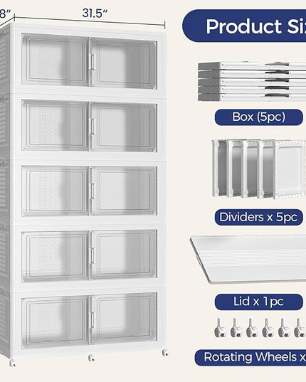 200Gal Stackable Storage Bins with Lid, 800Qt Extra Large Collapsible Storage Box with Wheels, Dividers, Folding Plastic Cabinet Closet Organizers for Home Kitchen Office Dorm, 5Pack White